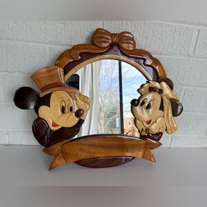 Mickey and Mini Mouse Hand Carved Wood Mirror Vintage